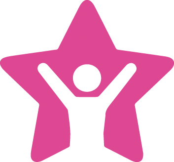Star icon with a cut out of a person icon with their hands up, in pink - services for education