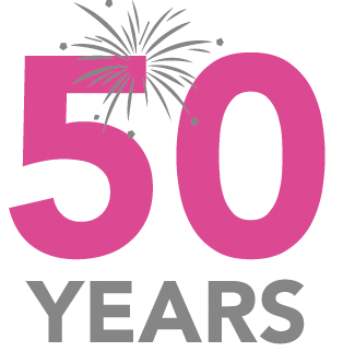 50 years in an icon, in pink. Music Service 50 Years - services for education music provision