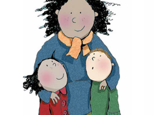Cartoon of a mother and her two children, a boy and girl, looking up at her. Front cover of the RSE resource Clued Up For Growing Up