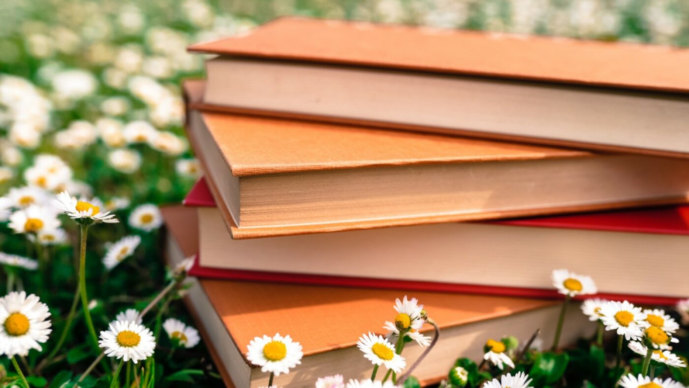 What's New? pile of books surrounded by daisy flowers